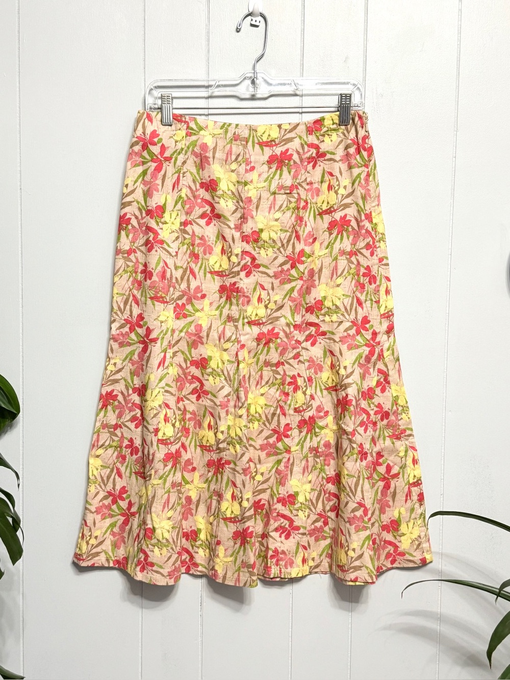 Linen & Cotton Floral A-Line Midi Skirt - Pink with Yellow & Red Flowers